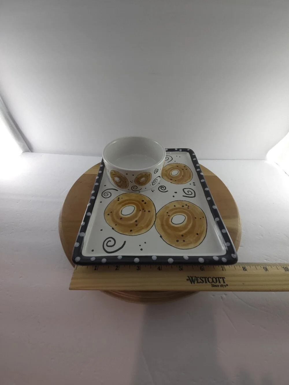 Joanne DeLomba Ceramic Bagel Plate Set Hand Painted 90s Brunch Tray, Vintage